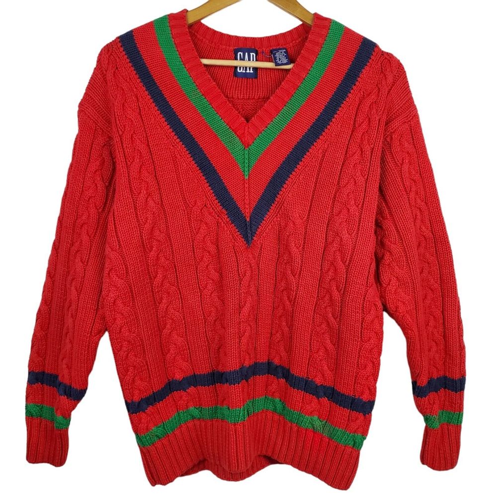 Vtg GAP Men's V-Neck Red Blue Green Cable Knit Chunky Sweater Sz M